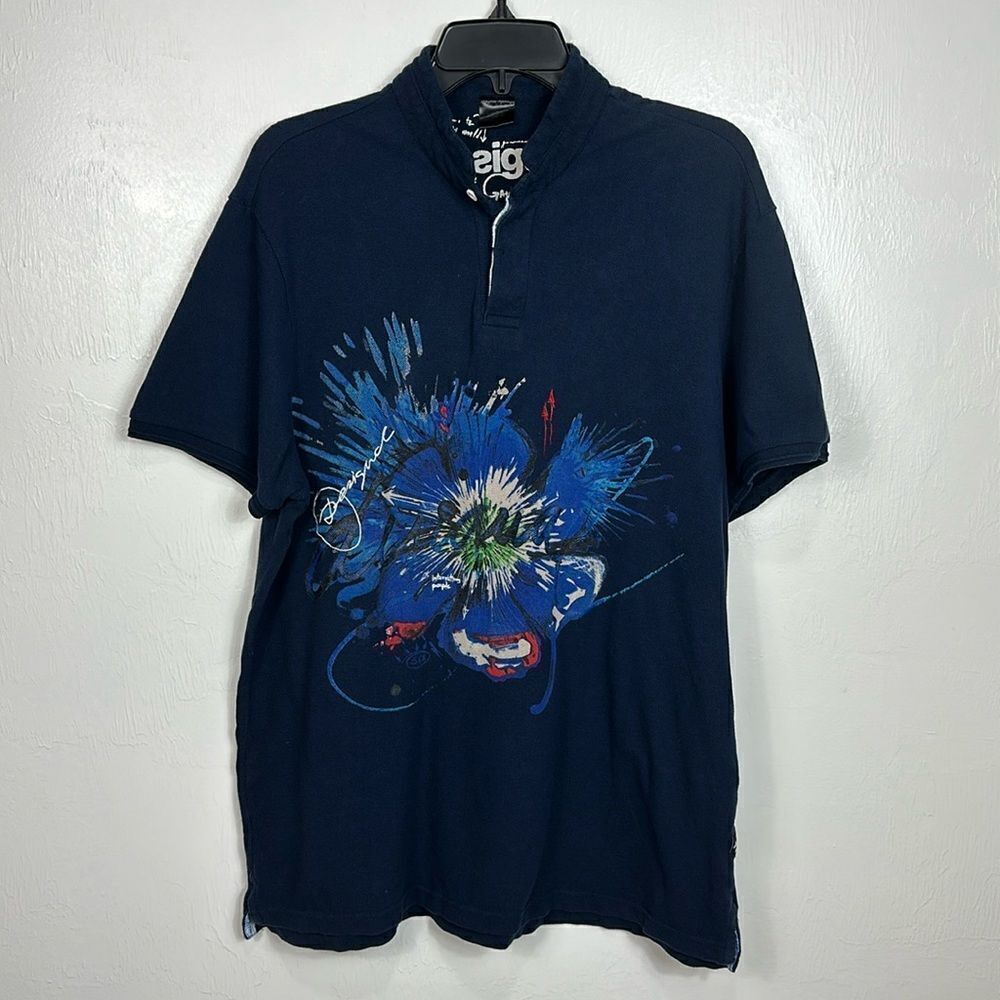 DESIGUAL Men’s Short Sleeve Floral Graphic Polo Shirt In Navy Blue Size L